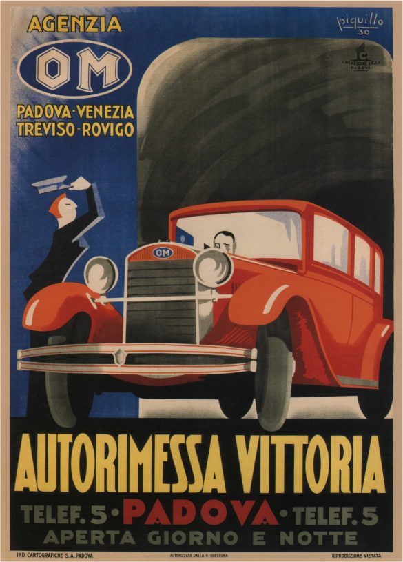 Italian Retro Car Poster Autorimessa Vittoria Padova, 1930