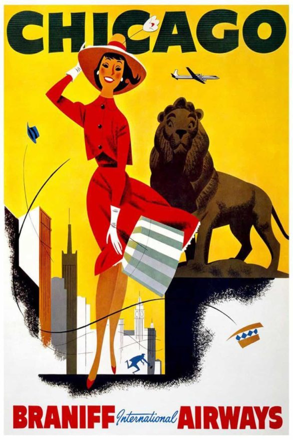 Classic Airlines Poster Chicago via Braniff International Airways, 1950s