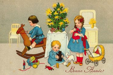 Vintage Christmas Card Children Playing Around the Christmas Tree