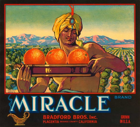 Vintage Crate Label Miracle Brand Old California Oranges, 1928