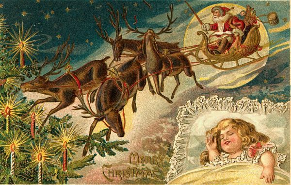 Santa Claus with the Reindeers Vintage Christmas Clip Art