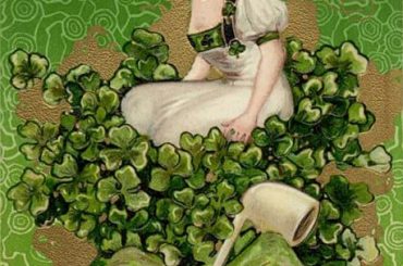 Vintage St Patricks Day Woman on top of Bouquet with Pipe Vintage Holiday Art